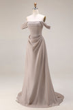 Grey Off The Shoulder Ruched Long Prom Dress with Lace Up Back