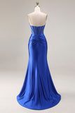Royal Blue Satin Strapless Corset Mermaid Long Prom Dress with Slit