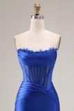 Royal Blue Satin Strapless Corset Mermaid Long Prom Dress with Slit