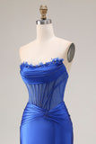 Royal Blue Satin Strapless Corset Mermaid Long Prom Dress with Slit