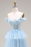 Princess Sky Blue Off The Shoulder Ruffled Long Tulle Prom Dress with Embroidery