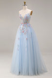 Sweetheart A-Line Sky Blue Corset Sequin Long Prom Dress with Beading