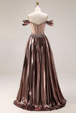 Off The Shoulder Metallic Coffee Sheer Boned Corset A-Line Long Prom Dress with Beading