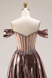Off The Shoulder Metallic Coffee Sheer Boned Corset A-Line Long Prom Dress with Beading