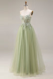 Light Green Tulle A-Line Corset Appliqued Spaghetti Straps Long Prom Dress