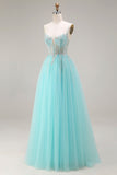 Mint A-Line Sequins Sheer Corset Beaded Long Prom Dress with Lace Up Back