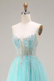 Mint A-Line Sequins Sheer Corset Beaded Long Prom Dress with Lace Up Back