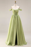 Green A-Line Off The Shoulder Beaded Sheer Corset Long Prom Dress with Slit