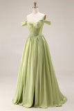 Green A-Line Off The Shoulder Beaded Sheer Corset Long Prom Dress with Slit
