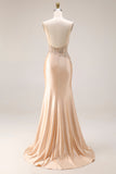 Champagne Beaded Mermaid Corset Long Satin Prom Dress with Slit