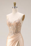 Champagne Beaded Mermaid Corset Long Satin Prom Dress with Slit