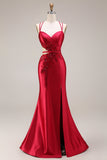 Red Appliqued Mermaid Cut Out Satin Long Prom Dress with Slit