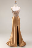 Sparkly Gold Halter Mirror Sequin Mermaid Corset Satin Long Prom Dress with Slit