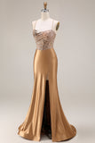 Sparkly Gold Halter Mirror Sequin Mermaid Corset Satin Long Prom Dress with Slit