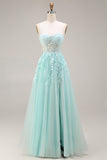 Mint Appliqued Corset Spaghetti Straps A Line Long Tulle Prom Dress with Slit
