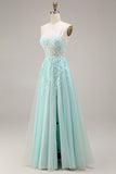 Mint Appliqued Corset Spaghetti Straps A Line Long Tulle Prom Dress with Slit