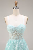 Mint Appliqued Corset Spaghetti Straps A Line Long Tulle Prom Dress with Slit