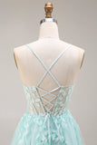 Mint Appliqued Corset Spaghetti Straps A Line Long Tulle Prom Dress with Slit
