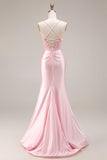 Pink Basque Waist Appliqued Mermaid Satin Long Prom Dress with Slit