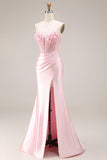 Pink Basque Waist Appliqued Mermaid Satin Long Prom Dress with Slit
