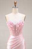Pink Basque Waist Appliqued Mermaid Satin Long Prom Dress with Slit