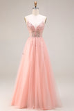 Watermelon Appliqued Corset Spaghetti Straps A Line Long Tulle Prom Dress