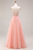 Watermelon Appliqued Corset Spaghetti Straps A Line Long Tulle Prom Dress