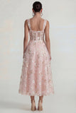 Sparkly Pink Appliqued Square Neck Corset Midi Dress