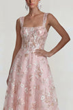 Sparkly Pink Appliqued Square Neck Corset Midi Dress