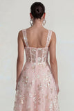 Sparkly Pink Appliqued Square Neck Corset Midi Dress