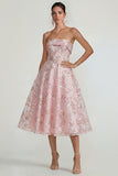 Sparkly Flower Appliqued Pink Strapless A Line Midi Dress