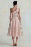 Sparkly Flower Appliqued Pink One Shoulder A Line Midi Dress