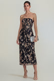 Sparkly Flower Appliqued Green Strapless Sheath Midi Dress