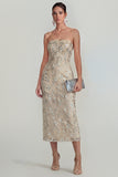 Sparkly Flower Appliqued Green Strapless Sheath Midi Dress
