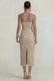 Sparkly Flower Appliqued Green Strapless Sheath Midi Dress