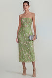 Sparkly Flower Appliqued Green Strapless Sheath Midi Dress