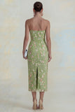 Sparkly Flower Appliqued Green Strapless Sheath Midi Dress
