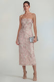Sparkly Flower Appliqued Green Strapless Sheath Midi Dress