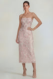 Sparkly Flower Appliqued Green Strapless Sheath Midi Dress