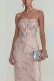 Sparkly Flower Appliqued Green Strapless Sheath Midi Dress