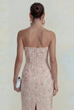 Sparkly Flower Appliqued Green Strapless Sheath Midi Dress