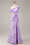 Yellow One Shoulder Sheath Long Prom Dress with Floral Embroidery