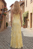 Yellow Sheath Floral Embroidery Long Prom Dress with Ruffle Slit