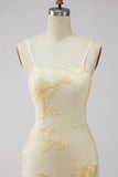 Yellow A-Line Spaghetti Straps Lace Up Back Long Prom Dress with Floral Embroidery