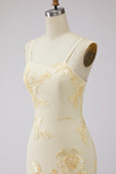 Yellow A-Line Spaghetti Straps Lace Up Back Long Prom Dress with Floral Embroidery