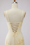 Yellow A-Line Spaghetti Straps Lace Up Back Long Prom Dress with Floral Embroidery