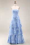 Yellow A-Line Spaghetti Straps Tiered Long Prom Dress with Floral Embroidery