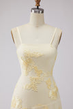 Yellow A-Line Spaghetti Straps Tiered Long Prom Dress with Floral Embroidery