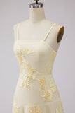 Yellow A-Line Spaghetti Straps Tiered Long Prom Dress with Floral Embroidery