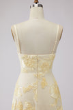 Yellow A-Line Spaghetti Straps Tiered Long Prom Dress with Floral Embroidery